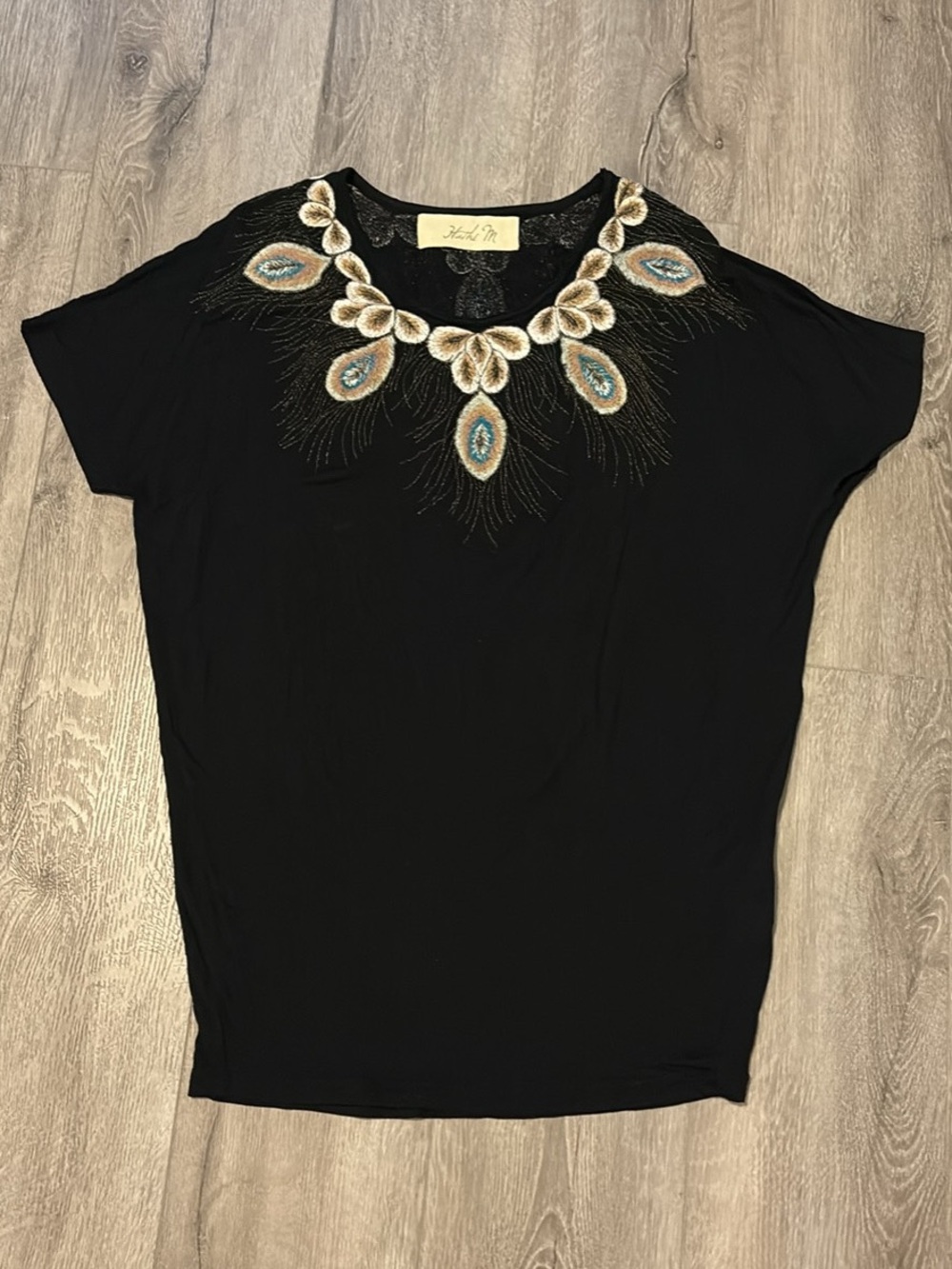 Hand-Painted Embroidered Black Women's Top with Peacock Motif